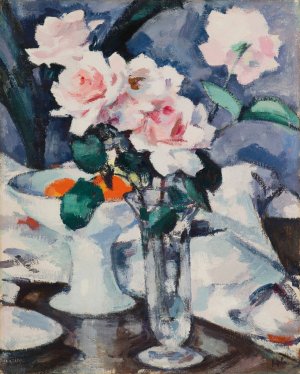 Pink Roses in a Glass Vase by Samuel John Peploe Oil Painting