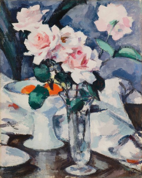 Pink Roses in a Glass Vase  by Samuel John Peploe - Hand-Painted Oil Painting Reproduction