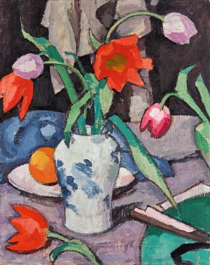 Still Life With Tulips And Fan by Samuel John Peploe Oil Painting