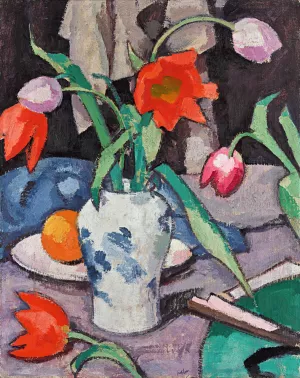 Still Life With Tulips And Fan by Samuel John Peploe Oil Painting