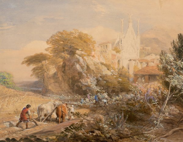 Harvest field and the monastery of La Vocatella, near Corpo di Cava  by Samuel Palmer - Hand-Painted Oil Painting Reproduction