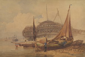 Coastal Scene with Beached Boats in Foreground by Samuel Prout Oil Painting