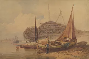 Coastal Scene with Beached Boats in Foreground by Samuel Prout Oil Painting