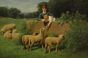 Child Feeding the Sheep by Samuel S. Carr Oil Painting