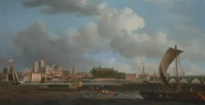 Westminster from Lambeth, with the Ceremonial Barge of the Ironmongers' Company by Samuel Scott Oil Painting