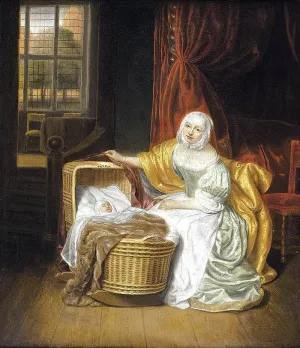 Mother with a Child in a Wicker Cradle by Samuel Van Hoogstraten - Oil Painting Reproduction