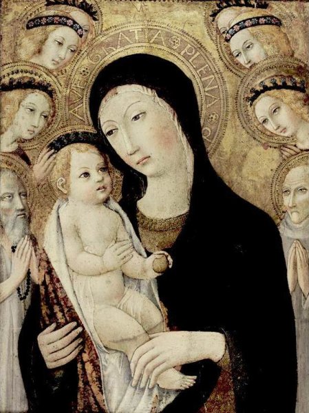 Madonna and Child with Sts Anthony Abbott and Bernardino of Siena by Sano Di Pietro - Hand-Painted Oil Painting Reproduction