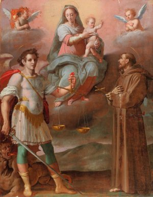 Madonna and Child between the Archangel Michael and Saint Francis by Santi Di Tito Oil Painting