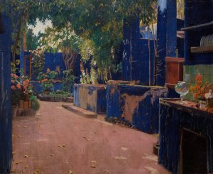 Blue Courtyard. Arenys de Munt by Santiago Rusinol Oil Painting