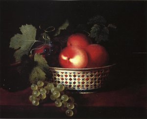 Peaches and Grapes in a Porcelain Bowl