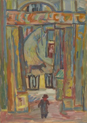 Czlowiek na tle wejScia do ogrodu by Sasza Blonder Oil Painting