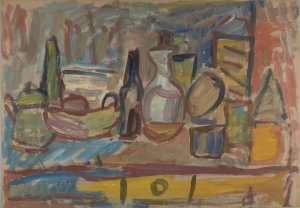 Martwa natura z butelkami i karafka by Sasza Blonder Oil Painting