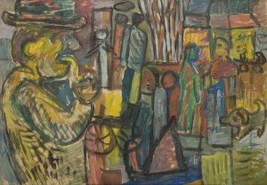 Mezczyzna z fajka na tle podworza by Sasza Blonder Oil Painting