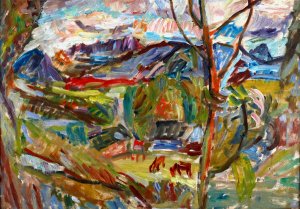 Mountain Landscape with Cows by Sasza Blonder Oil Painting