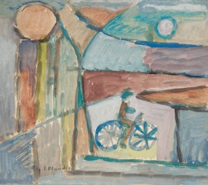 Rowerzysta na tle pejzazu by Sasza Blonder Oil Painting