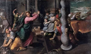 Driving of the merchants from the temple Oil painting by Scarsellino