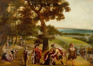 The Reconciliation of Jacob and Esau in and Extensive Wooded Landscape by School Of Anton Mirou Oil Painting