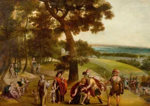 The Reconciliation of Jacob and Esau in and Extensive Wooded Landscape by School Of Anton Mirou Oil Painting