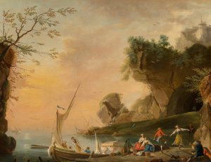 A Mediterranean coastal landscape with boats and figures by School Of Charles Francois Lacroix Oil Painting