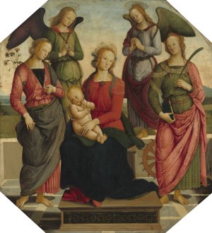 Madonna and Child with Two Angels, Saint Rose and Saint Catherine of Alexandria by School Of Perugino Oil Painting