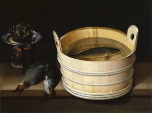 Brazier With Artichoke, Woodpeckers And Watertub With Carp by Sebastian Stoskopff Oil Painting