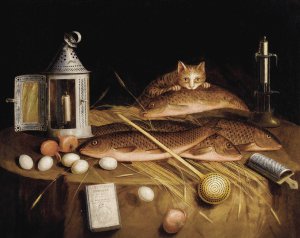 Kitchen Still Life with Fish and Cat by Sebastian Stoskopff Oil Painting