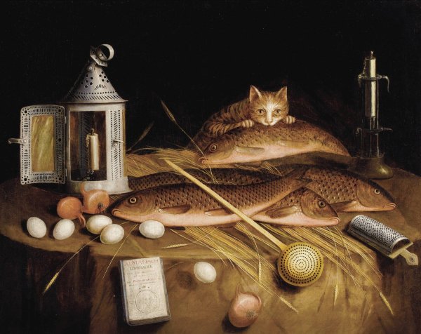 Kitchen Still Life with Fish and Cat  by Sebastian Stoskopff - Hand-Painted Oil Painting Reproduction