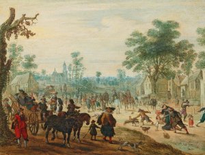 A village with numerous figures on a road by Sebastian Vrancx Oil Painting