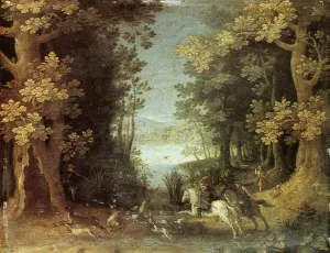 Landscape with a Deer Hunt by Sebastian Vrancx Oil Painting