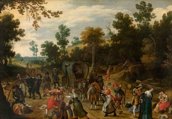 Main Product Photo of Landscape with Travellers Attacked by Robbers Painting by Sebastian Vrancx