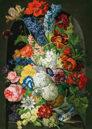 Blumenstuck mit Schmetterling und Blaumeise by Sebastian Wegmayr Oil Painting