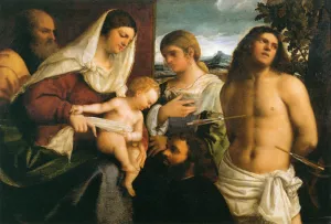 The Holy Family with St Catherine, St Sebastian and a Donor painting by Sebastiano Del Piombo