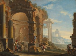 A capriccio with figures conversing by classical ruins by Sebastiano Ricci Oil Painting