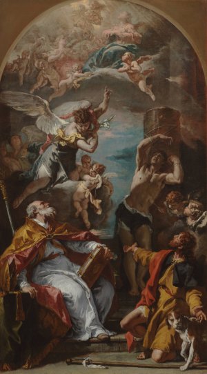 Glory of the Virgin with the Archangel Gabriel and Saints Eusebius, Roch, and Sebastian by Sebastiano Ricci Oil Painting