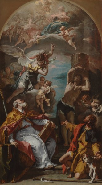 Main Product Photo of Glory of the Virgin with the Archangel Gabriel and Saints Eusebius, Roch, and Sebastian  Painting by Sebastiano Ricci
