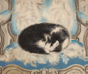 Cat sleeping on an armchair Oil painting by Sei Koyanagui