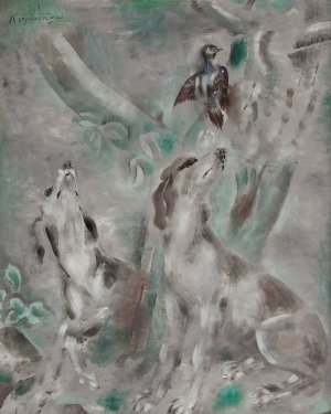 Dogs and Bird by Sei Koyanagui Oil Painting