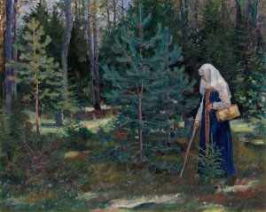 Gathering mushrooms in the forest by Sergei Arsenevich Vinogradov Oil Painting