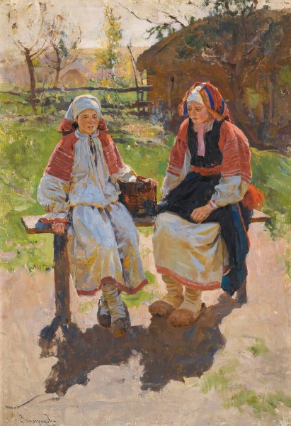 Two Peasant Girls by Sergei Arsenevich Vinogradov - Hand-Painted Oil Painting Reproduction