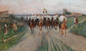 A band goes through the village by Sergei Semenovich Voroshilov Oil Painting