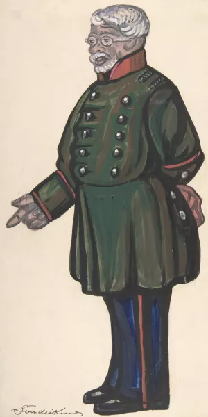 Old man in a green military coat by Sergey Yurievich Sudeikin Oil Painting