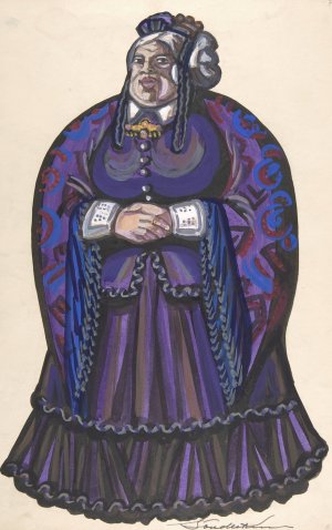 Old Woman in a purple dress by Sergey Yurievich Sudeikin Oil Painting
