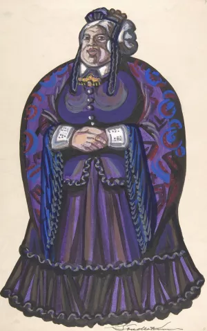 Old Woman in a purple dress by Sergey Yurievich Sudeikin Oil Painting