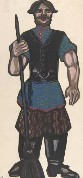 Peasant holding a broom by Sergey Yurievich Sudeikin Oil Painting