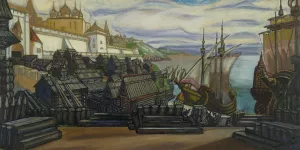 The Pier At Novgorod; Backdrop Design For Sadko Oil painting by Sergey Yurievich Sudeikin