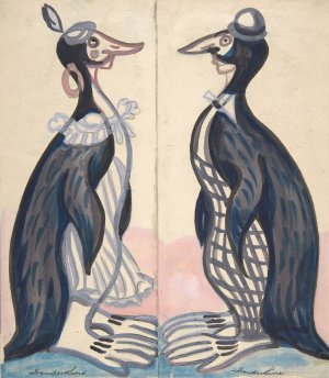 Two penguins , male and female by Sergey Yurievich Sudeikin Oil Painting