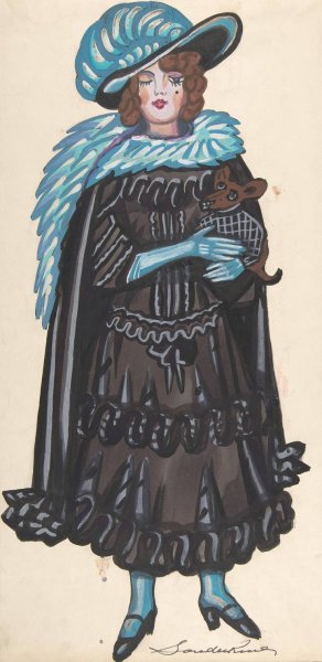 Woman in a black dress and blue boa holding a dog by Sergey Yurievich Sudeikin Oil Painting