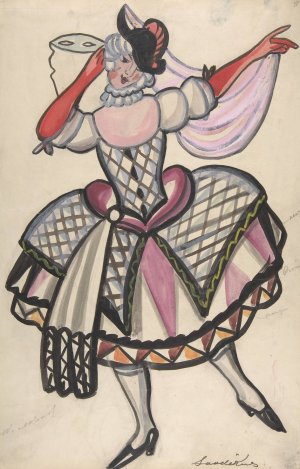 Woman in a harlequin costume holding a mask by Sergey Yurievich Sudeikin Oil Painting