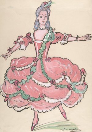 Woman in an elegant pink and green gown by Sergey Yurievich Sudeikin Oil Painting