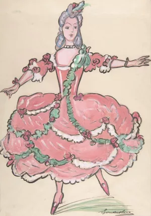 Woman in an elegant pink and green gown by Sergey Yurievich Sudeikin Oil Painting